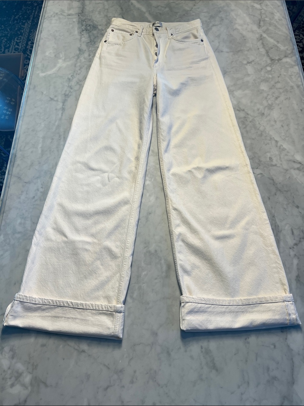 Agolde Dame Jeans.  24. Ivory.  High Rise Wide Leg Organic Button Fly Cuffed